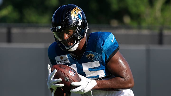 Jacksonville Jaguars tight end Quintin Morris (45) catches a pass during an NFL training camp session at the Miller Electric Center, Tuesday, July 29, 2025, in Jacksonville, Fla. [Corey Perrine/Florida Times-Union]