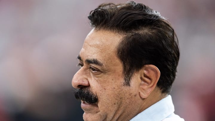 Nov 23, 2025; Glendale, Arizona, USA; Jacksonville Jaguars owner Shad Khan against the Arizona Cardinals at State Farm Stadium. Mandatory Credit: Mark J. Rebilas-Imagn Images