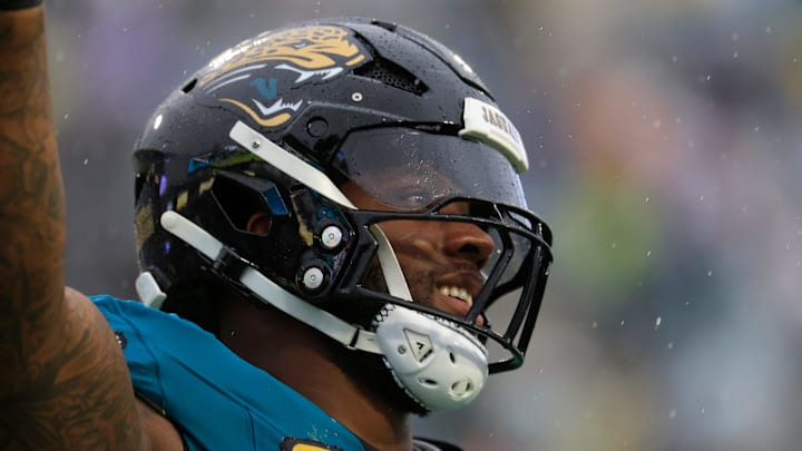 Jacksonville Jaguars defensive end Josh Hines-Allen (41) celebrates an interception during the fourth quarter of an NFL football game at EverBank Stadium, Sunday, Dec. 7, 2025, in Jacksonville, Fla. The Jaguars defeated the Colts 36-19. Jacksonville Jaguars defensive end Josh Hines-Allen (41) celebrates an interception during the fourth quarter of an NFL football game at EverBank Stadium, Sunday, Dec. 7, 2025, in Jacksonville, Fla. The Jaguars defeated the Colts 36-19.