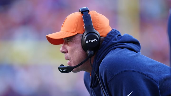Dec 14, 2025; Denver, Colorado, USA; Denver Broncos head coach Sean Payton stands on the sidelines during the first quarter against the Green Bay Packers at Empower Field at Mile High. Mandatory Credit: Ron Chenoy-Imagn Images