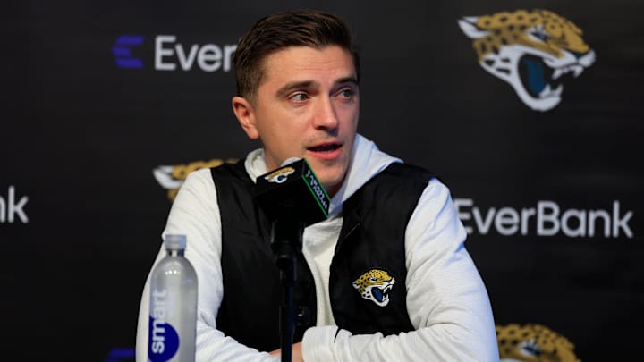 Jacksonville Jaguars general manager James Gladstone speaks during a press conference at the Miller Electric Center, Wednesday, Jan. 14, 2026, in Jacksonville, Fla.