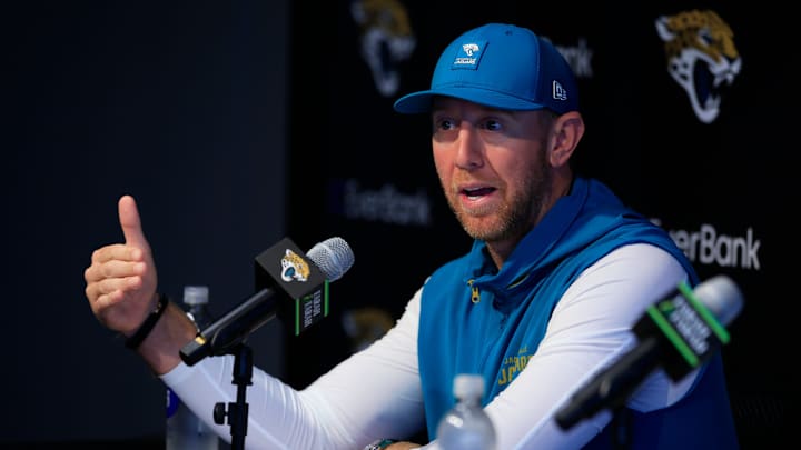 Jacksonville Jaguars head coach Liam Coen speaks during a press conference at the Miller Electric Center, Wednesday, Jan. 14, 2026, in Jacksonville, Fla.