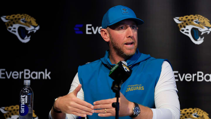 Jacksonville Jaguars head coach Liam Coen speaks during a press conference at the Miller Electric Center, Wednesday, Jan. 14, 2026, in Jacksonville, Fla. Jacksonville Jaguars head coach Liam Coen speaks during a press conference at the Miller Electric Center, Wednesday, Jan. 14, 2026, in Jacksonville, Fla.