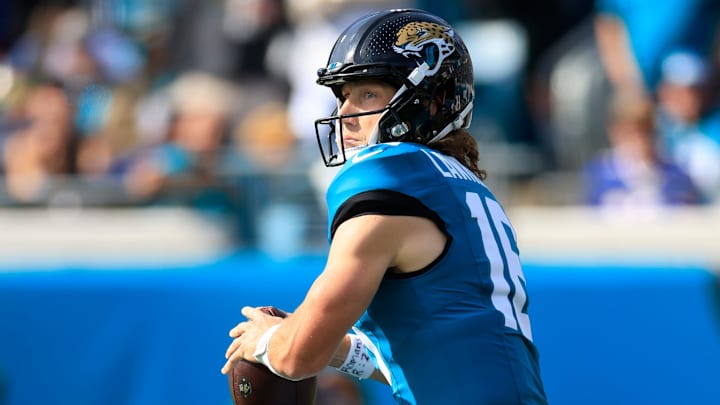 Jacksonville Jaguars quarterback Trevor Lawrence (16) looks to pass during the first quarter of an NFL football AFC Wild Card playoff matchup, Sunday, Jan. 11, 2026, in Jacksonville, Fla. The Bills defeated the Jaguars 27-24. [Corey Perrine/Florida Times-Union]