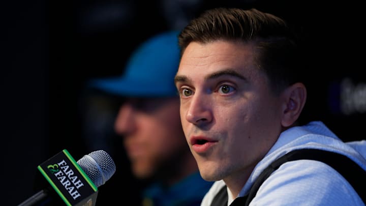 Jacksonville Jaguars general manager James Gladstone speaks during a press conference next to head coach Liam Coen at the Miller Electric Center, Wednesday, Jan. 14, 2026, in Jacksonville, Fla.