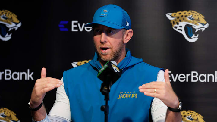 Jacksonville Jaguars head coach Liam Coen speaks during a press conference at the Miller Electric Center, Wednesday, Jan. 14, 2026, in Jacksonville, Fla.