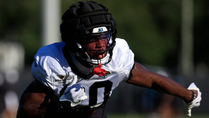 Jacksonville Jaguars linebacker Devin Lloyd (0) runs during an NFL training camp session at the Miller Electric Center, Wednesday, Aug. 6, 2025, in Jacksonville, Fla. [Corey Perrine/Florida Times-Union]