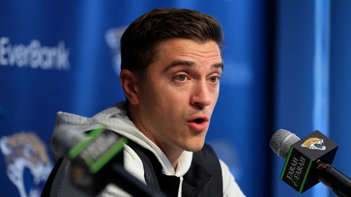 Jacksonville Jaguars general manager James Gladstone speaks during a press conference at the Miller Electric Center, Wednesday, Jan. 14, 2026, in Jacksonville, Fla.