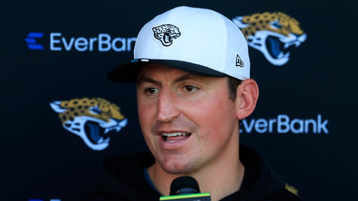 Jacksonville Jaguars offensive coordinator Grant Udinski answers questions from the media after an NFL training camp session at the Miller Electric Center, Wednesday, Aug. 6, 2025, in Jacksonville, Fla. [Corey Perrine/Florida Times-Union]