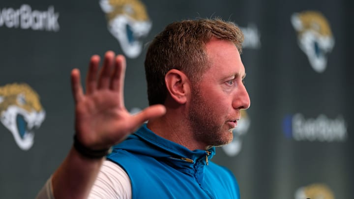 Jacksonville Jaguars head coach Liam Coen speaks during a press conference at the Miller Electric Center, Monday, April 20, 2026 in Jacksonville, Fla.