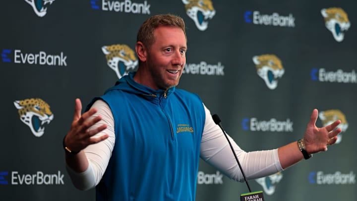 Jacksonville Jaguars head coach Liam Coen speaks during a press conference at the Miller Electric Center, Monday, April 20, 2026 in Jacksonville, Fla.