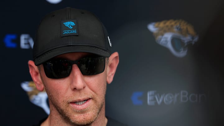 Jacksonville Jaguars head coach Liam Coen answers questions during rookie minicamp at the Miller Electric Center, Saturday, May 9, 2026 in Jacksonville, Fla. Today was the second of a three day camp concluding Sunday.