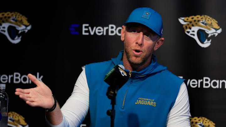 Jacksonville Jaguars head coach Liam Coen speaks during a press conference at the Miller Electric Center, Wednesday, Jan. 14, 2026, in Jacksonville, Fla.