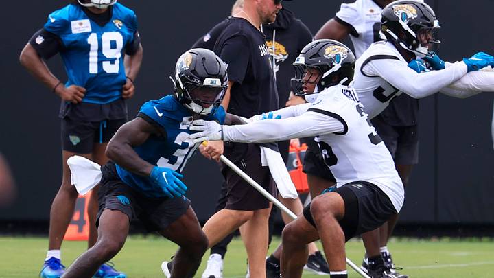 Jacksonville Jaguars running back J'Mari Taylor (30) and safety Devin Neal (36) drill during rookie minicamp at the Miller Electric Center, Saturday, May 9, 2026 in Jacksonville, Fla. Today was the second of a three day camp concluding Sunday. Jacksonville Jaguars running back J'Mari Taylor (30) and safety Devin Neal (36) drill during rookie minicamp at the Miller Electric Center, Saturday, May 9, 2026 in Jacksonville, Fla. Today was the second of a three day camp concluding Sunday.