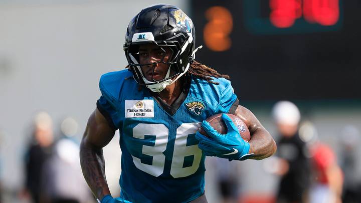 Jacksonville Jaguars running back LeQuint Allen Jr. (36) runs a route during an NFL training camp session at the Miller Electric Center, Friday, July 25, 2025, in Jacksonville, Fla. [Corey Perrine/Florida Times-Union]