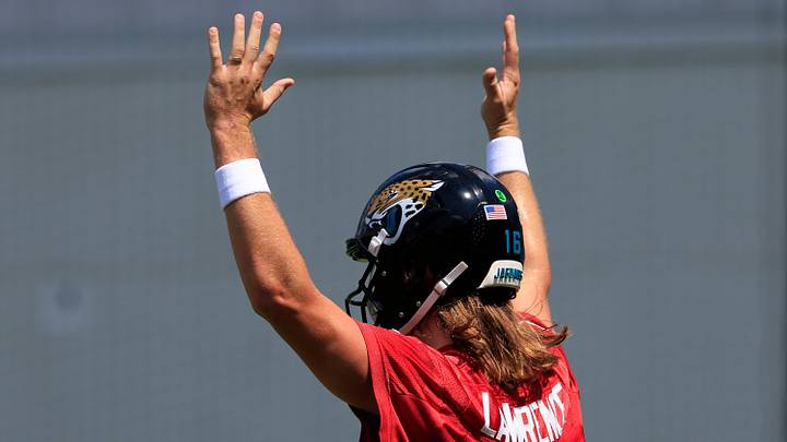 Jacksonville Jaguars quarterback Trevor Lawrence (16) signals a touchdown during an NFL training camp session at the Miller Electric Center, Friday Aug. 15, 2025 in Jacksonville, Fla. [Corey Perrine/Florida Times-Union]