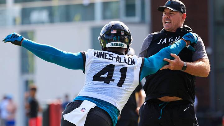 Jacksonville Jaguars defensive end Josh Hines-Allen (41) drills on defensive line coach Matt Edwards during the third day of minicamp at the Miller Electric Center, Thursday, June 11, 2026, in Jacksonville, Fla. Jacksonville Jaguars defensive end Josh Hines-Allen (41) drills on defensive line coach Matt Edwards during the third day of minicamp at the Miller Electric Center, Thursday, June 11, 2026, in Jacksonville, Fla.