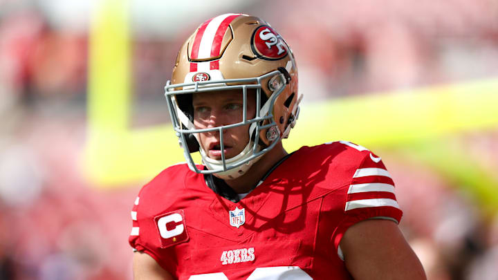 Nov 10, 2024; Tampa, Florida, USA; San Francisco 49ers running back Christian McCaffrey (23) warms up before a game against the Tampa Bay Buccaneers at Raymond James Stadium.