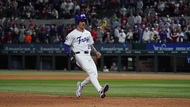 Feb 22, 2025; Arlington, TX, USA; The Arkansas Razorbacks play the TCU Horned Frogs during the Amegy Bank College Baseball Series presented by Kubota Weekend 2 at Globe Life Field. Mandatory Credit: Raymond Carlin III-Imagn Images