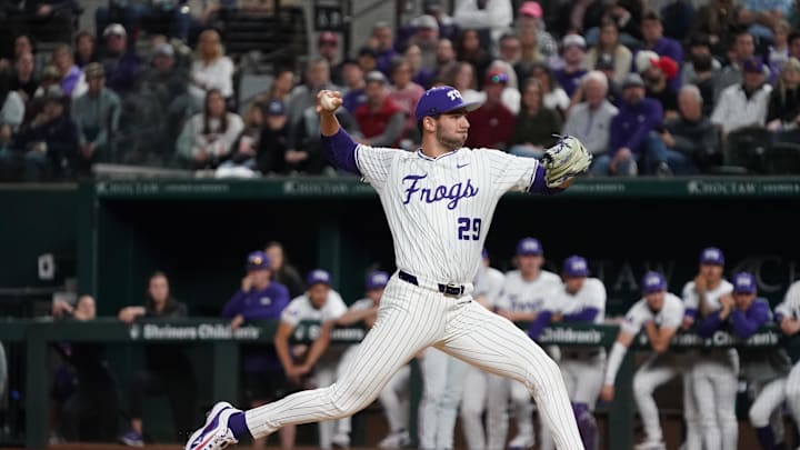 Feb 22, 2025; Arlington, TX, USA; The Arkansas Razorbacks play the TCU Horned Frogs during the Amegy Bank College Baseball Series presented by Kubota Weekend 2 at Globe Life Field. Mandatory Credit: Raymond Carlin III-Imagn Images