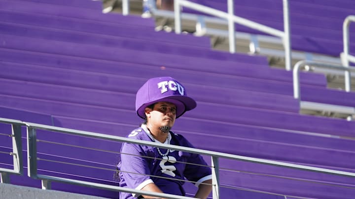 Oct 18, 2025; Fort Worth, Texas, USA; A lone TCU fan sits in the upper deck after the third lightening delay of the game during the second half of a game between the TCU Horned Frogs and the Baylor Bears at Amon G. Carter Stadium. Mandatory Credit: Raymond Carlin III-Imagn Images Oct 18, 2025; Fort Worth, Texas, USA; A lone TCU fan sits in the upper deck after the third lightening delay of the game during the second half of a game between the TCU Horned Frogs and the Baylor Bears at Amon G. Carter Stadium. Mandatory Credit: Raymond Carlin III-Imagn Images