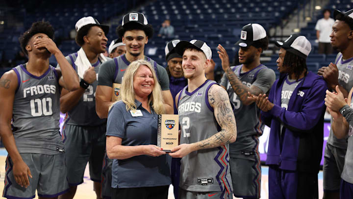 Nov 28, 2025; San Diego, CA, USA; Texas Christian University Horned Frogs guard Brock Harding (2) is tournament MVP against the Wisconsin Badgers at Jenny Craig Pavilion. Mandatory Credit: Abe Arredondo-Imagn Images