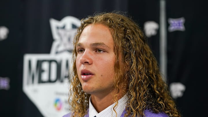 Jul 8, 2025; Frisco, TX, USA; Kansas State quarterback Avery Johnson answers questions from the media during 2025 Big 12 Football Media Days at The Star. Mandatory Credit: Raymond Carlin III-Imagn Images