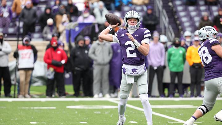 Nov 29, 2025; Manhattan, Kansas, USA; Kansas State Wildcats quarterback Avery Johnson (2) drops back to pass during the fourth quarter against the Colorado Buffaloes at Bill Snyder Family Football Stadium. Mandatory Credit: Scott Sewell-Imagn Images