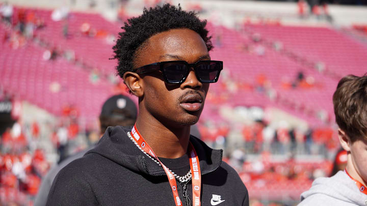 Alabama wide receiver commitment Jaime Ffrench watches Ohio State warm up before the Buckeyes' game against Penn State at Ohio Stadium on Oct. 21, 2023.