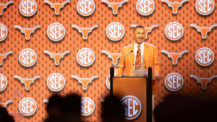 Jul 17, 2024; Dallas, TX, USA; Texas head coach Steve Sarkisian speaking at Omni Dallas Hotel. Mandatory Credit: Brett Patzke-USA TODAY Sports Jul 17, 2024; Dallas, TX, USA; Texas head coach Steve Sarkisian speaking at Omni Dallas Hotel. Mandatory Credit: Brett Patzke-USA TODAY Sports