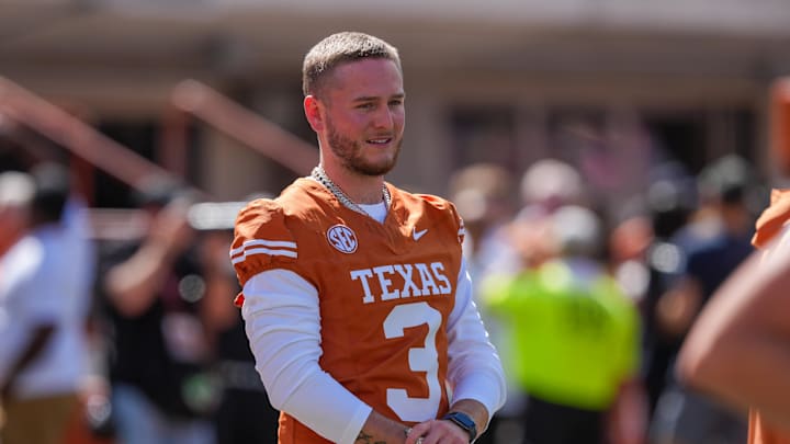 Sep 28, 2024; Austin, Texas, USA;  Texas Longhorns quarterback Quinn Ewers (3) looks on before the game against the Mississippi State Bulldogs at Darrell K Royal-Texas Memorial Stadium. Mandatory Credit: Daniel Dunn-Imagn Images