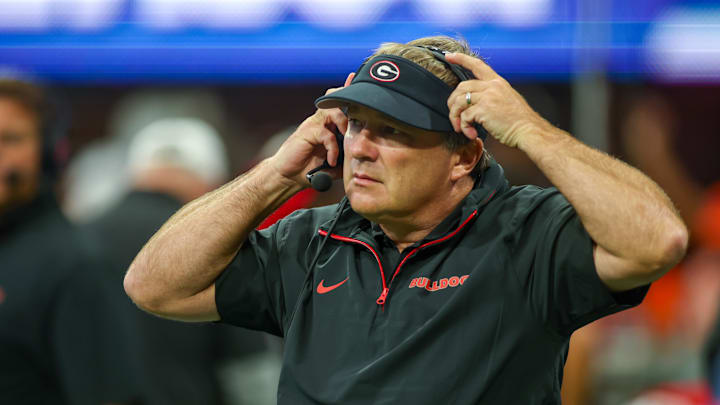 Aug 31, 2024; Atlanta, Georgia, USA; Georgia Bulldogs head coach Kirby Smart on the field before a game against the Clemson Tigers at Mercedes-Benz Stadium. Mandatory Credit: Brett Davis-Imagn Images

