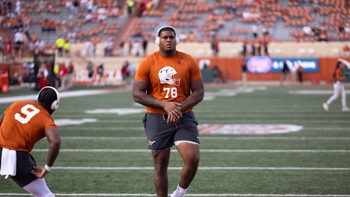 Oct 19, 2024; Austin, Texas, USA; Texas Longhorns offensive lineman Kelvin Banks Jr. (78) warms up at Darrell K Royal-Texas Memorial Stadium. Mandatory Credit: Brett Patzke-Imagn Images