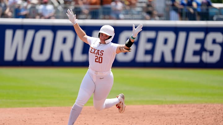 Texas utility Katie Stewart (20) celebrates after hitting a home run in the fourth inning of a Women's College World Series softball game between the Tennessee Volunteers and the Texas Longhorns at Devon Park in Oklahoma City, Monday, June 2, 2025. Texas won 2-0.