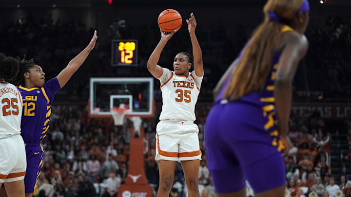 Texas Longhorns forward Madison Booker (35) shoots during the second half against the LSU Tigers at Moody Center. 