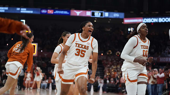Feb 22, 2026; Austin, Texas, USA; Texas Longhorns forward Madison Booker (35) celebrates a buzzer beater three point basket just before the end of the second quarter against the Mississippi Rebels at Moody Center. Mandatory Credit: Dustin Safranek-Imagn Images Feb 22, 2026; Austin, Texas, USA; Texas Longhorns forward Madison Booker (35) celebrates a buzzer beater three point basket just before the end of the second quarter against the Mississippi Rebels at Moody Center. Mandatory Credit: Dustin Safranek-Imagn Images