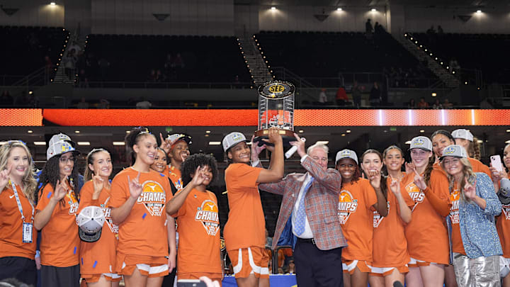 Mar 8, 2026; Greenville, SC, USA; Texas Longhorns head coach Vic Schaefer celebrates winning the SEC Championship over South Carolina Gamecocks at Bon Secours Wellness Arena. Mandatory Credit: Jim Dedmon-Imagn Images