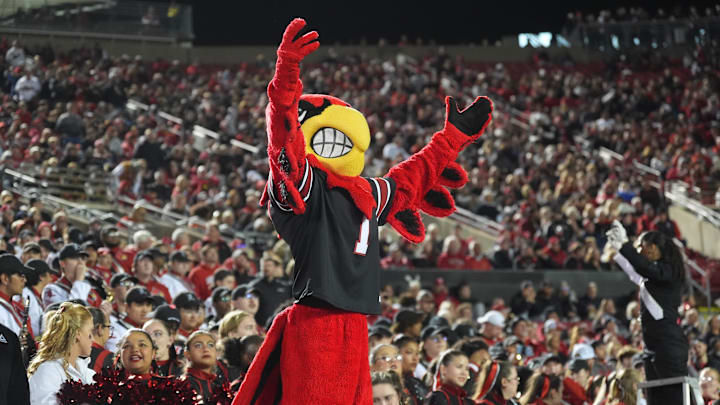 Louisville Cardinal cheers on the Cards against Boston College Saturday night at L&N Stadium. Louisville Cardinal cheers on the Cards against Boston College Saturday night at L&N Stadium.