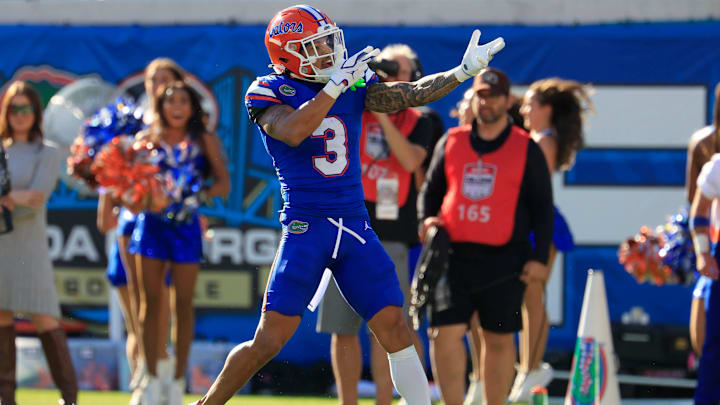 Florida Gators wide receiver Eugene Wilson III (3) reacts to a first down pickup during the first quarter of an NCAA football game, Saturday, Nov. 1, 2025, at EverBank Stadium in Jacksonville, Fla. Georgia held off Florida 24-20. [Corey Perrine/Florida Times-Union]