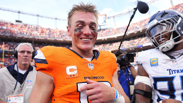 Sep 7, 2025; Denver, Colorado, USA; Denver Broncos quarterback Bo Nix (10) reacts after the game at Empower Field at Mile High. Sep 7, 2025; Denver, Colorado, USA; Denver Broncos quarterback Bo Nix (10) reacts after the game at Empower Field at Mile High.