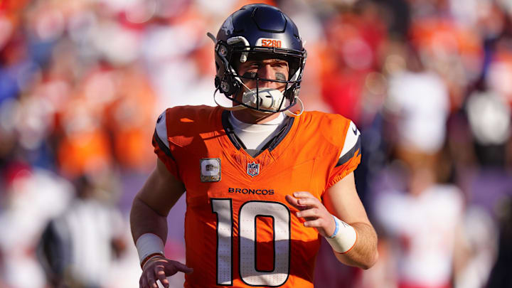 Nov 16, 2025; Denver, Colorado, USA;  Denver Broncos quarterback Bo Nix (10) prior to the game against the Kansas City Chiefs at Empower Field at Mile High. 