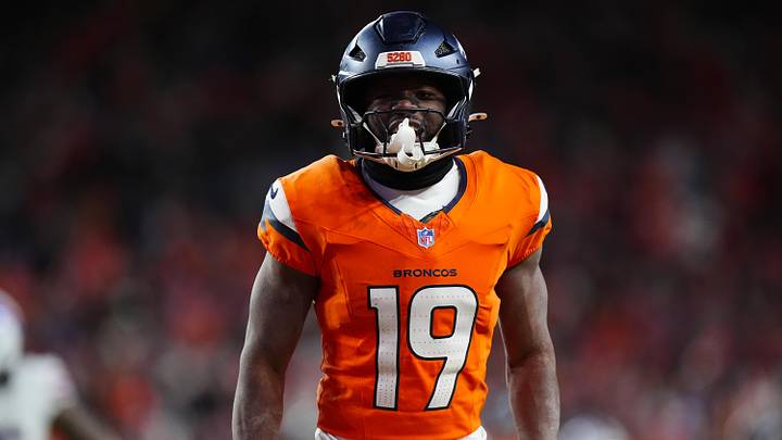 Jan 17, 2026; Denver, CO, USA; Denver Broncos wide receiver Marvin Mims Jr. (19) reacts after a play during overtime of an AFC Divisional Round playoff game against the Buffalo Bills at Empower Field at Mile High. Mandatory Credit: Ron Chenoy-Imagn Images Jan 17, 2026; Denver, CO, USA; Denver Broncos wide receiver Marvin Mims Jr. (19) reacts after a play during overtime of an AFC Divisional Round playoff game against the Buffalo Bills at Empower Field at Mile High. Mandatory Credit: Ron Chenoy-Imagn Images