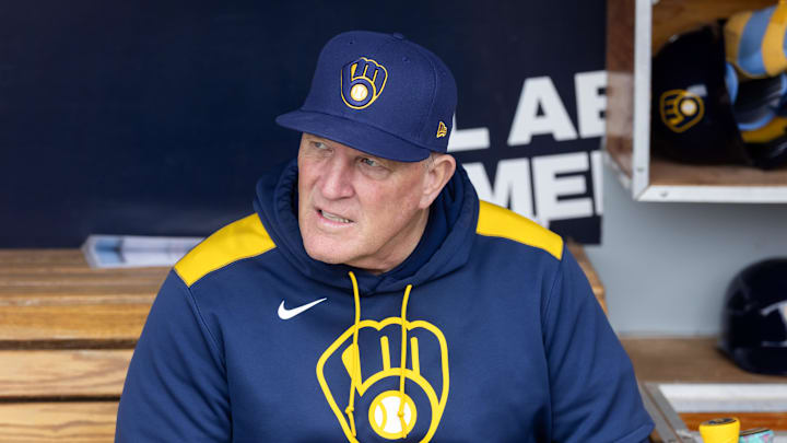 Mar 14, 2025; Phoenix, Arizona, USA; Milwaukee Brewers manager Pat Murphy against the San Francisco Giants during a spring training game at American Family Fields of Phoenix. Mandatory Credit: Mark J. Rebilas-Imagn Images Mar 14, 2025; Phoenix, Arizona, USA; Milwaukee Brewers manager Pat Murphy against the San Francisco Giants during a spring training game at American Family Fields of Phoenix. Mandatory Credit: Mark J. Rebilas-Imagn Images