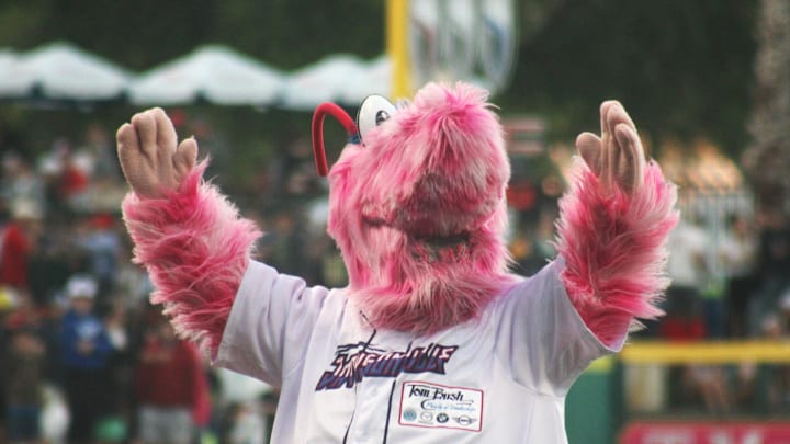 Jacksonville Jumbo Shrimp mascot Scampi waves to fans during Opening Day baseball against the Gwinnett Stripers on March 29, 2024. 