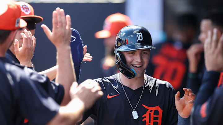Detroit Tigers third base Jace Jung (17) celebrates after scoring a run against the New York Yankees in the fourth inning during spring training at George M. Steinbrenner Field on Feb. 23.