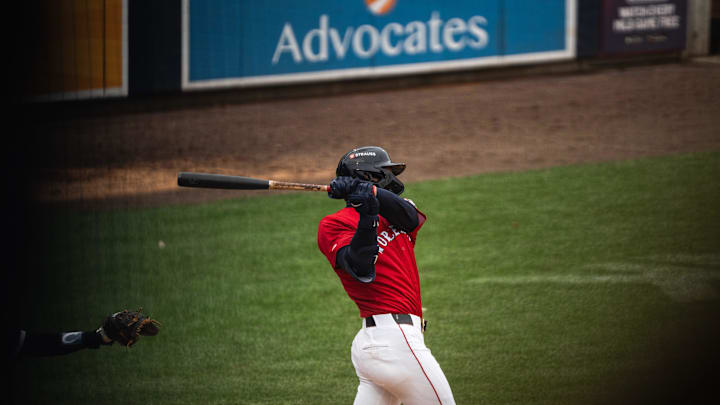 Worcester Red Sox player Roman Anthony takes a swing during a Triple-A game on April 13, 2025, at Polar Park.