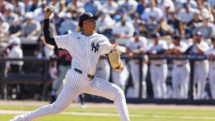Feb 21, 2026; Tampa, Florida, USA; New York Yankees pitcher Carlos Lagrange (84) throws a pitch against the Detroit Tigers during the second inning in a Spring Training game at George M. Steinbrenner Field. Mandatory Credit: Morgan Tencza-Imagn Images