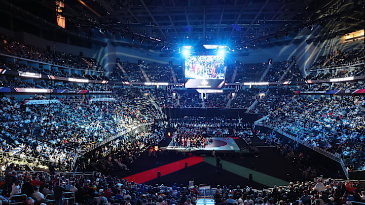 Mar 23, 2024; Kansas City, MO, USA; The 2024 All-Americans were introduced before the start of the NCAA Wrestling Finals at T-Mobile Center in Kansas City, Missouri Credit: Reese Strickland-Imagn Images