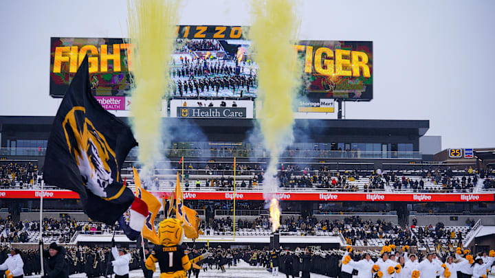 Nov 30, 2024; Columbia, Missouri, USA; The Missouri Tigers tigers take the field against the Arkansas Razorbacks prior to a game at Faurot Field at Memorial Stadium. Mandatory Credit: Denny Medley-Imagn Images Nov 30, 2024; Columbia, Missouri, USA; The Missouri Tigers tigers take the field against the Arkansas Razorbacks prior to a game at Faurot Field at Memorial Stadium. Mandatory Credit: Denny Medley-Imagn Images