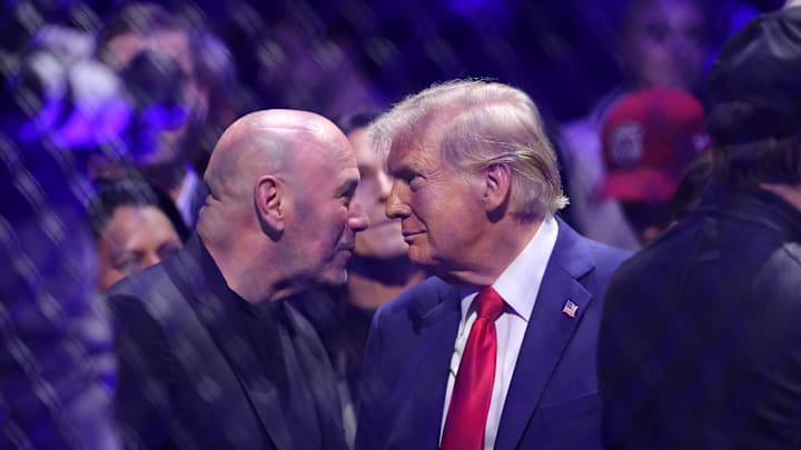 Nov 16, 2024; New York, NY, USA; President-elect Donald Trump speaks with Dana White (left) during UFC 309 at Madison Square Garden. Mandatory Credit: Brad Penner-Imagn Images